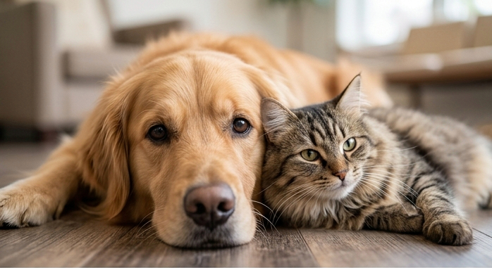 Veterinární lékař v klidné péči o psa a kočku v moderní ordinaci